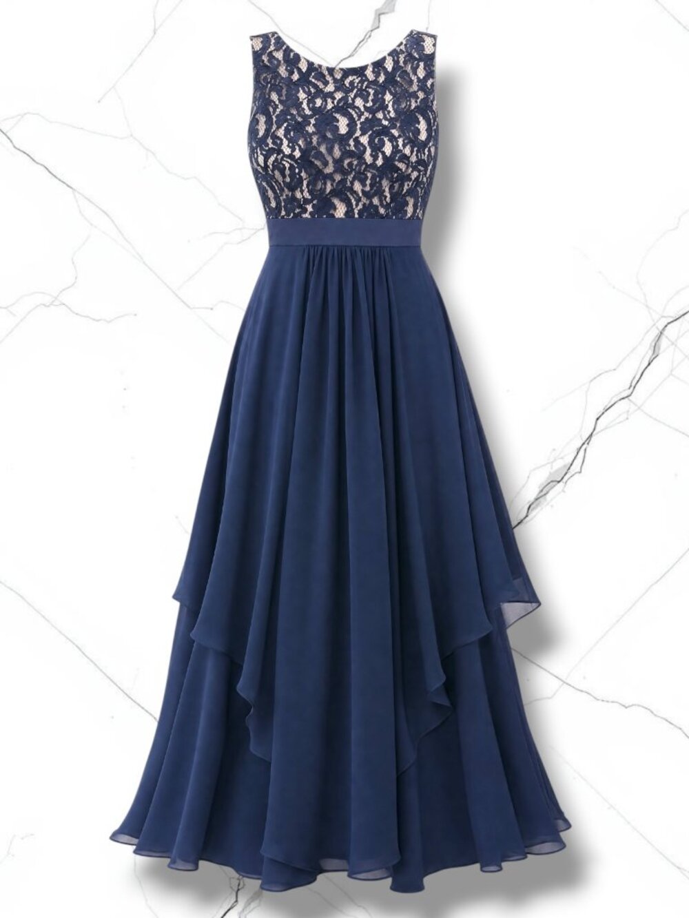 Eliza J‎ Navy Blue Lace Bodice Chiffon Split Evening Gown Dress 8